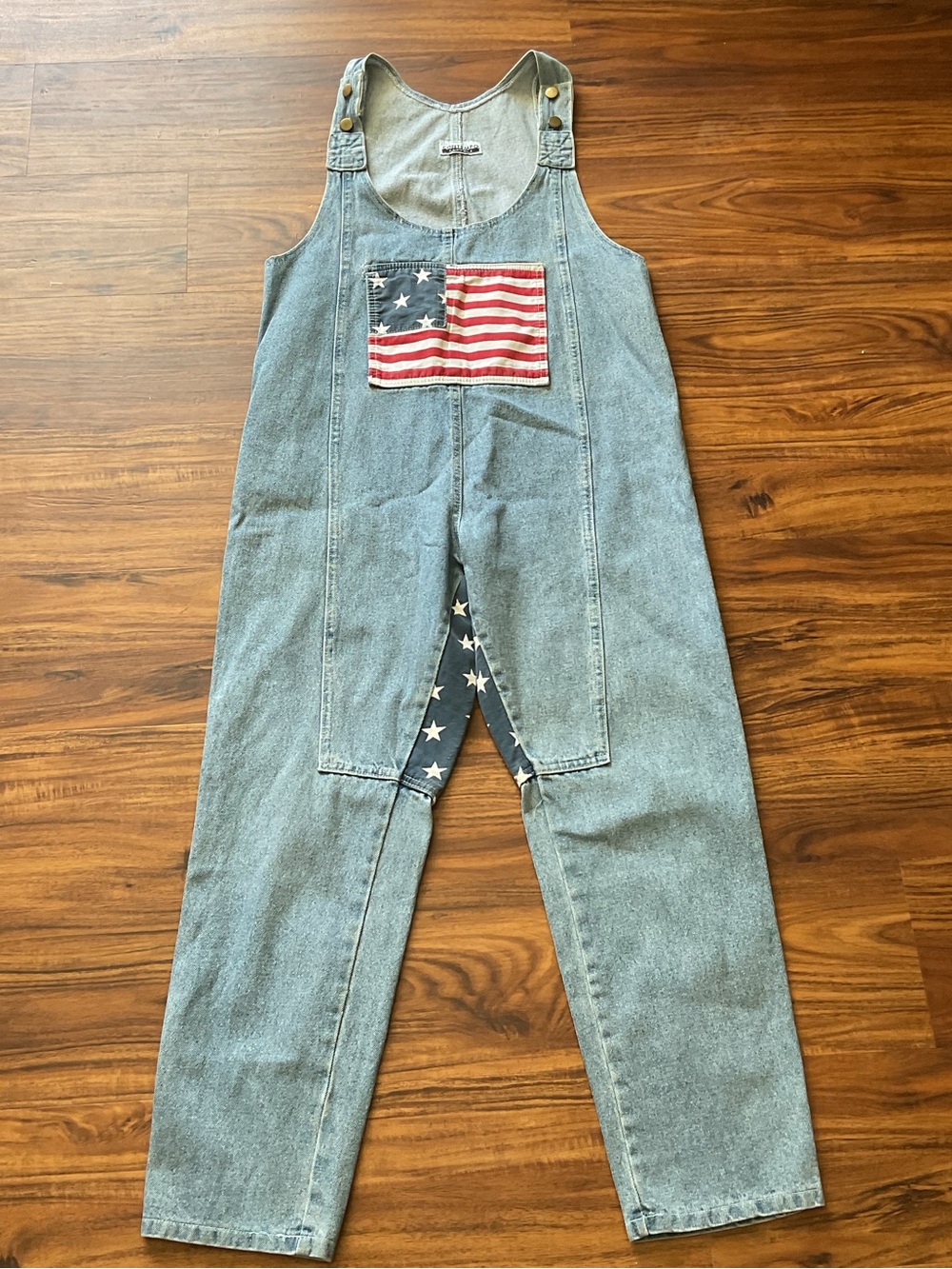 Vintage 90s Contempo Casuals Denim Overalls M American Flag Stars Stripes - Picture 2 of 11